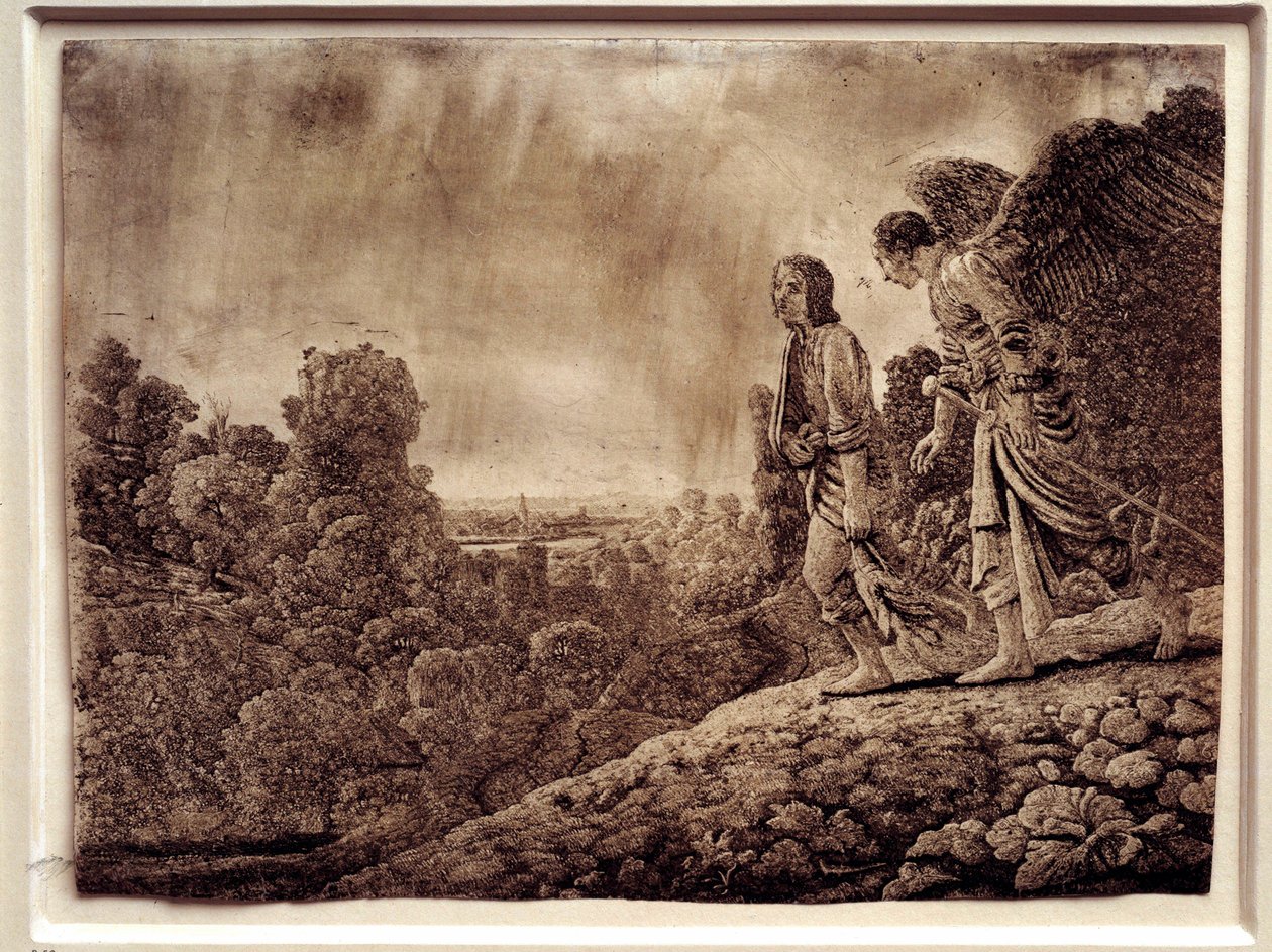 Tobie ja enkeli. Vahvaa vettä kuparilla, Hercules Seghers (1590-1638) tekijältä Adam (after) Elsheimer