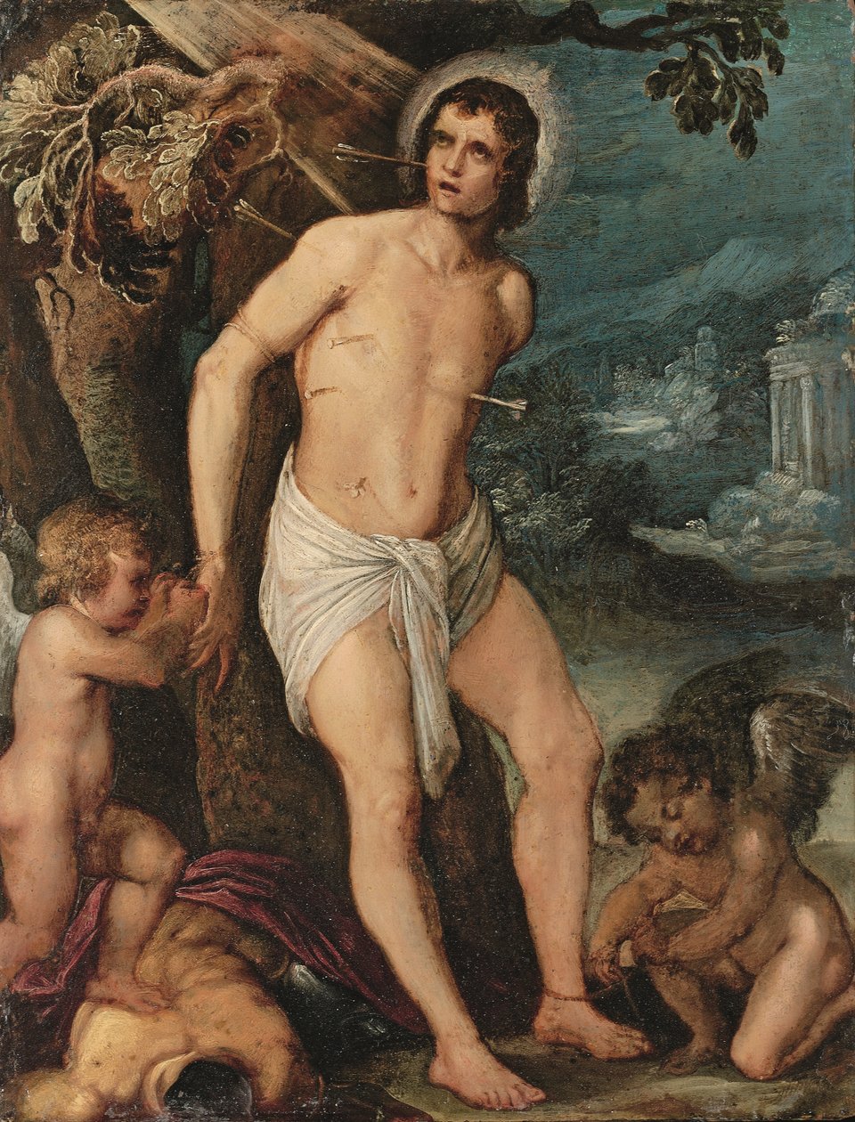 Pyhä Sebastian, enkeleitä (öljy kuparilla) tekijältä Adam (circle of) Elsheimer