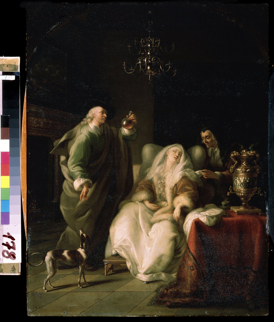 ""La consult du medecin"" (Sairas nainen ja lääkäri) Lääkäri tutkii virtsapullon sairaan naisen konsultaation aikana. Adam Braunin (1748-1827) maalaus Mikhail Kroshitskyn taidemuseo, Sevastopol (Sevastopol) Ukraina tekijältä Adam Braun