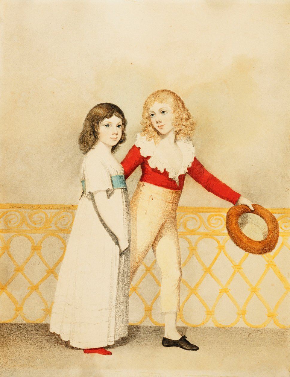 William Bellingham Budworthin ja hänen sisarensa Emma Maryn muotokuva, pieni täyspitkä, parvekkeella, 1795 tekijältä Adam Buck