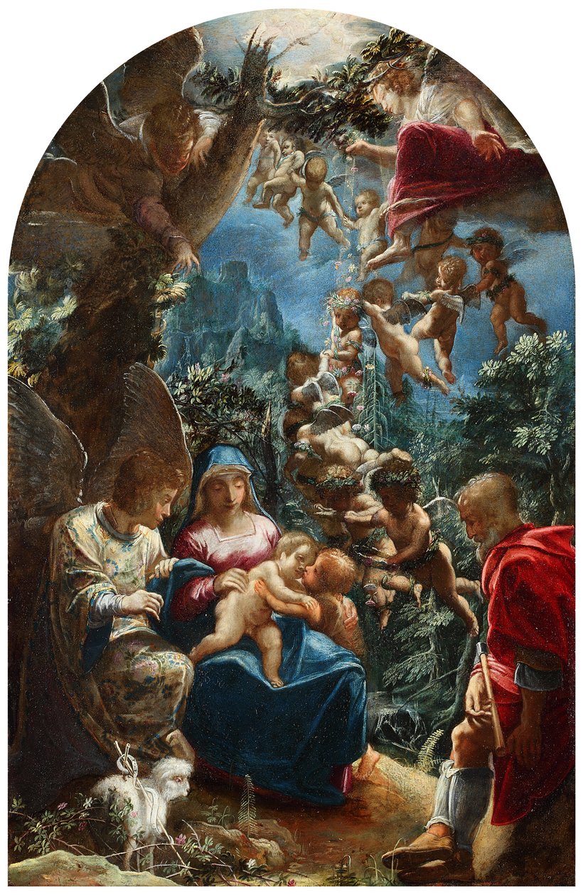 Italian: sacra famiglia con san giovannino e un angelo Pyhä perhe, jossa on Johannes Kastaja ja enkeleitä. tekijältä Adam Elsheimer