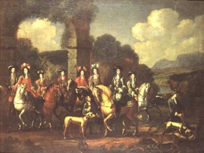 Tyylikäs metsästysseurue raunioiden vieressä tekijältä Adam Frans van der (follower of) Meulen