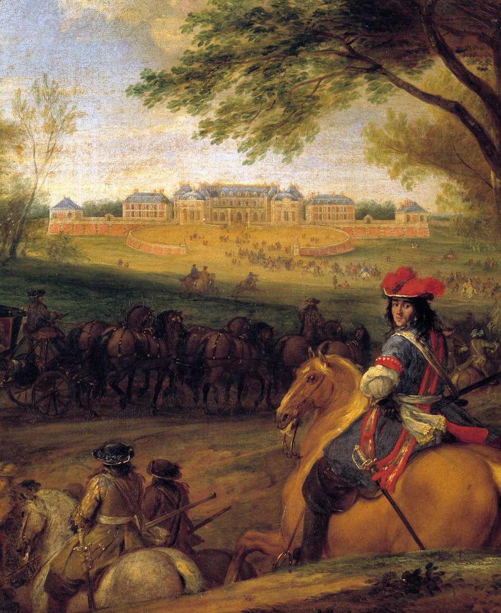 Kuningas Ludvig XIV:n (1638-1715) saapuminen edeltää henkivartijoita Versaillesin vanhaa linnaa silmällä pitäen vuonna 1669 Adam Franz Van der Meulenin (1632-1690) maalaus noin 1669 su. 0,56x0,56 m tekijältä Adam Frans van der Meulen