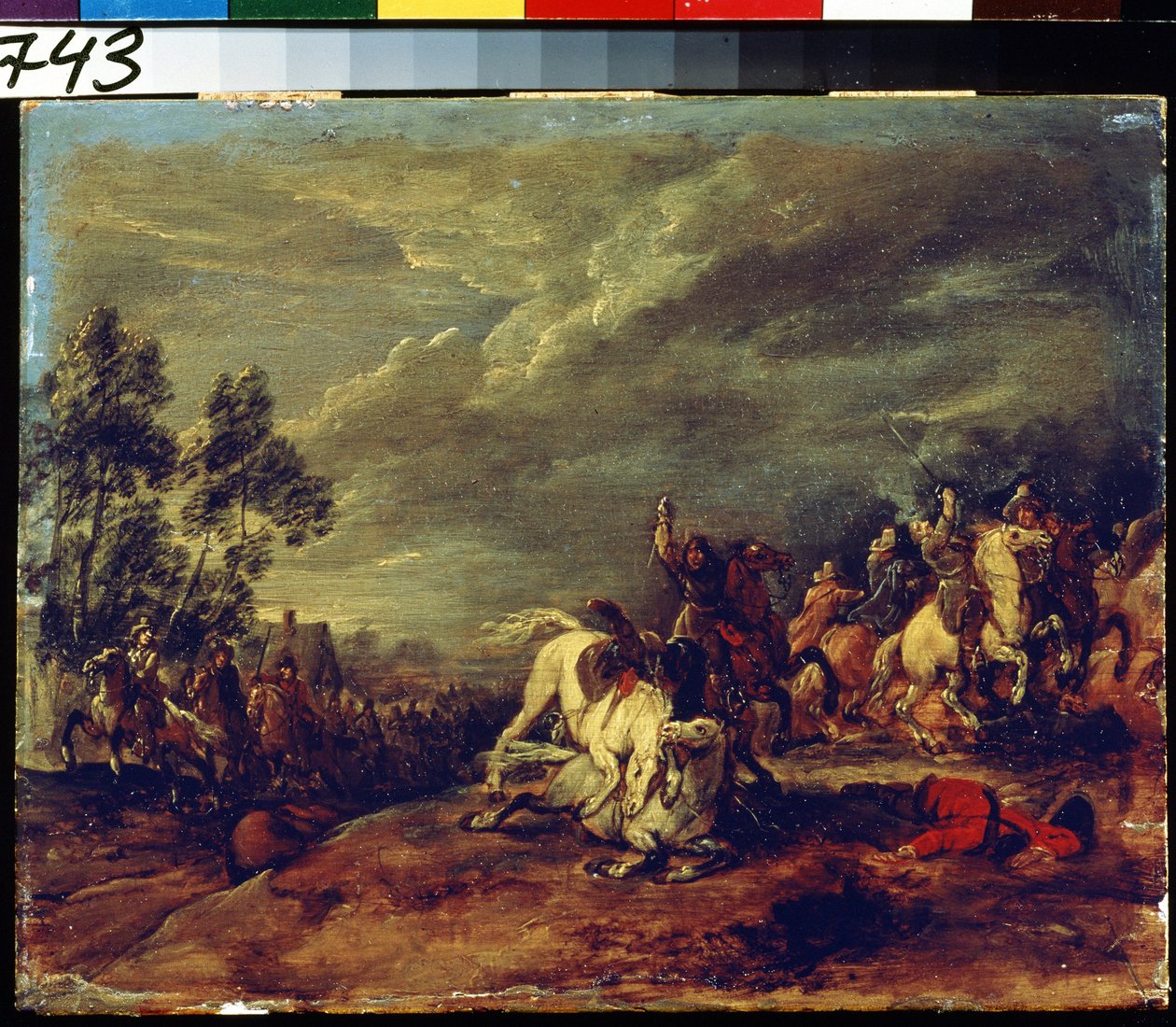 Taistelu. Taistelu. Maalaus Adam Frans van der Meulen (1632-1690). Öljy puulle. Flanderin taidetta, barokkityyliä. Pushkinin taidemuseo, Moskova. tekijältä Adam Frans van der Meulen