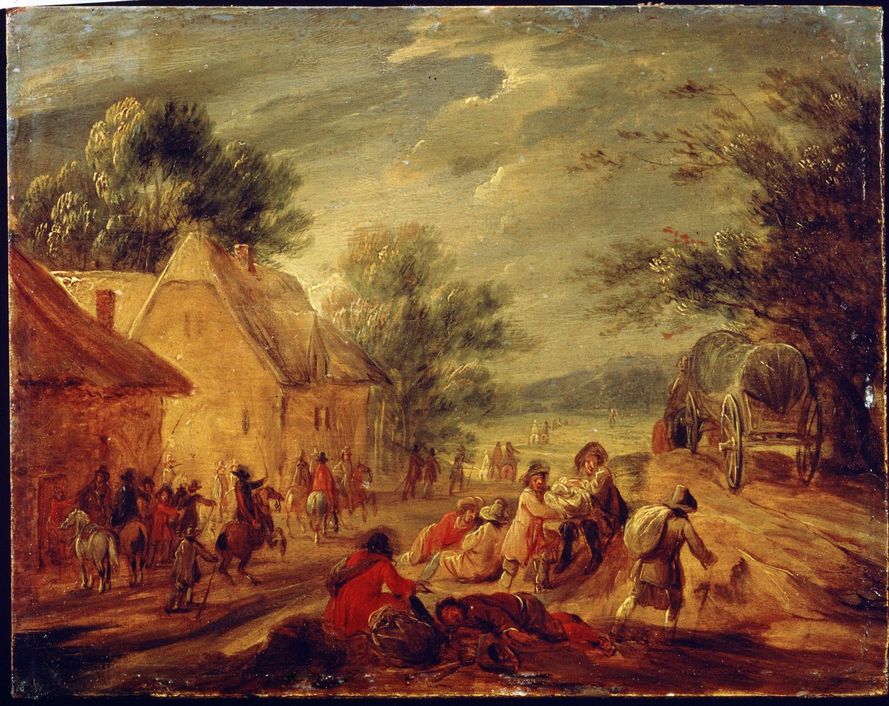 Ratsumiehet hyökkäämässä kylää vastaan. Adam Frans van der Meulenin (1632-1690) maalaus. Öljy puulle. Flanderin taidetta, barokkityyliä. Pushkinin taidemuseo, Moskova. tekijältä Adam Frans van der Meulen