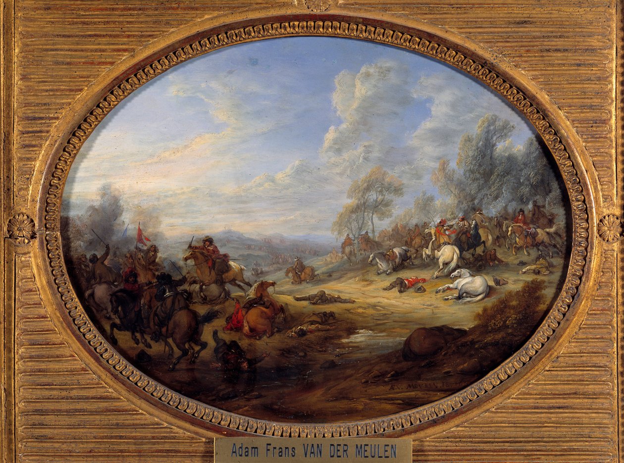 Ratsuväen shokki Taistelu Louis XIV:n vallan alla. Adam Van der Meulenin (1632-1690) maalaus Sun. 0,2x0,27 m tekijältä Adam Frans van der Meulen