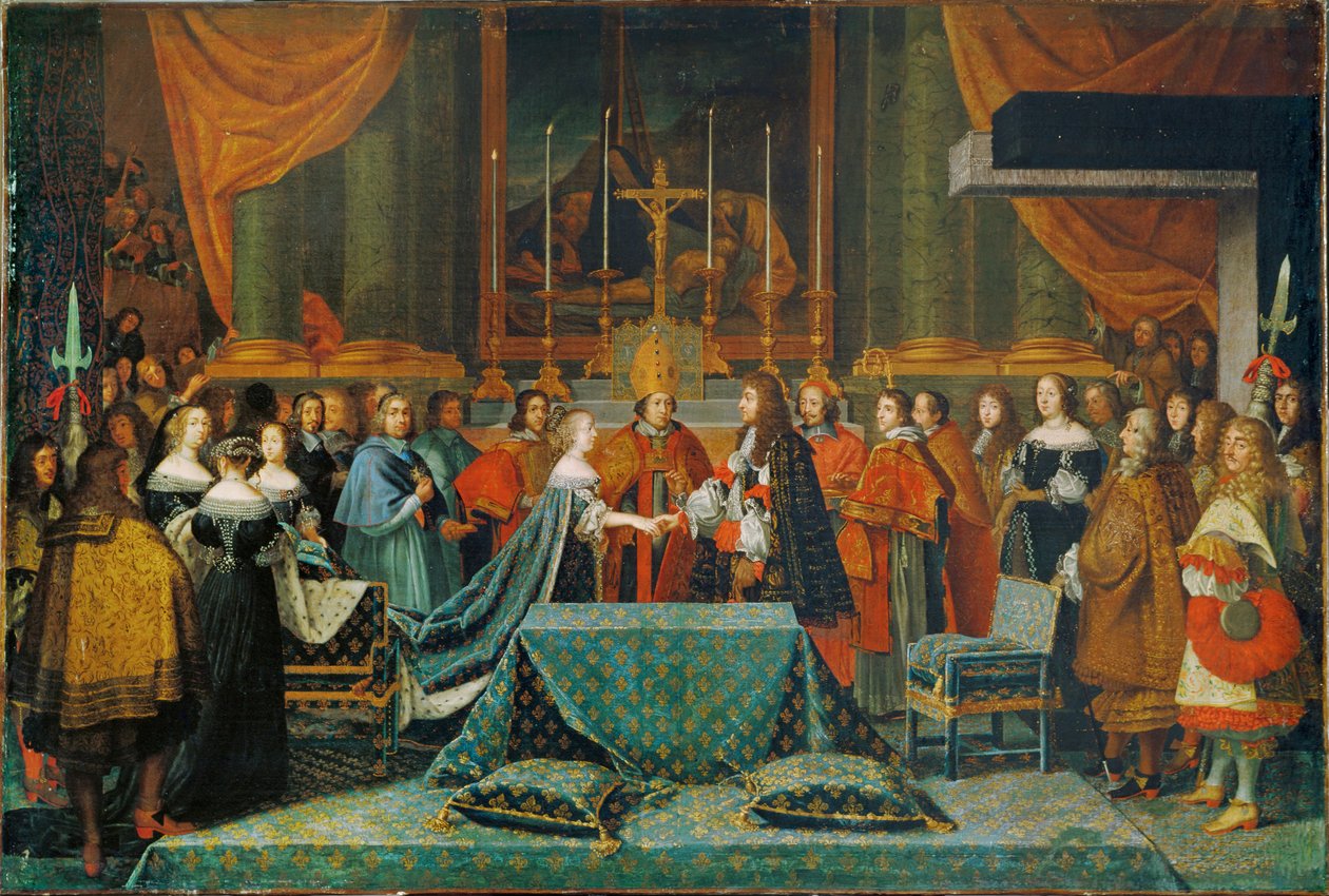 Ludvig XIV:n ja Marie Therese Itävallan avioliittojuhla (maalaus kankaalle) tekijältä Adam Frans van der Meulen