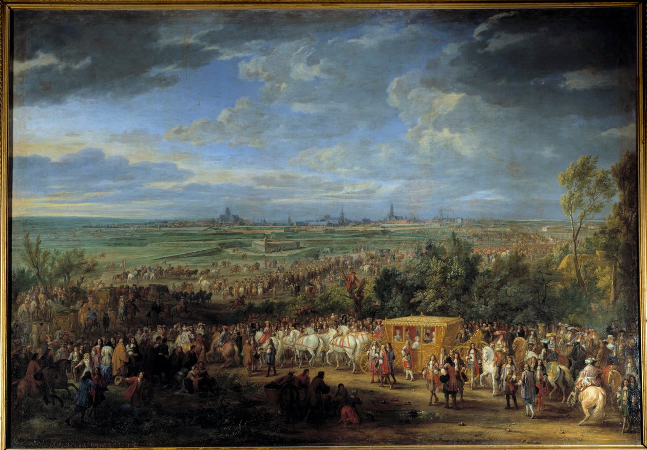 Kuningas Ludvig XIV:n ja kuningatar Marie Theresen välillä 30. heinäkuuta 1667 Arrasissa”” Adam Van Der Meulenin (1632-1690) maalaus 1600-luvun su. 2,32 x 3,31 m tekijältä Adam Frans van der Meulen