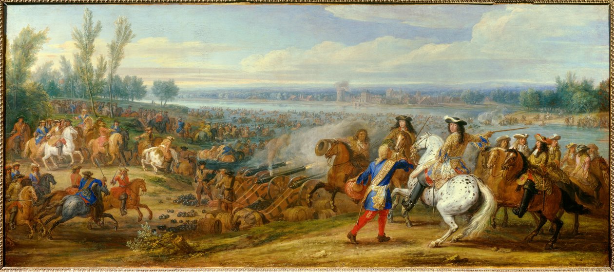 Hollannin sota: "" Reinin kulku 12.6.1672"" Kuningas Ludvig XIV:n (1638-1715) ja Ludvig II Bourbonin armeijat, Conden prinssi (Bourbon-Conde) (Grand Conde) (1621- 1686) ohittaa Reinin Tolhuisiin. Adam Frans van der Meulenin (1632-1690) maalaus tekijältä Adam Frans van der Meulen