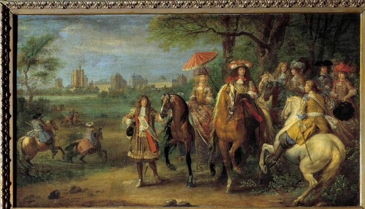 Kuningas Ludvig XIV (1638-1715) ja Itävallan kuningatar Marie-Therese (1638-1683) kävelemässä Vincennesin linnan edessä vuonna 1669 Adam Frans Van der Meulenin (1632-1690) maalaus tekijältä Adam Frans van der Meulen