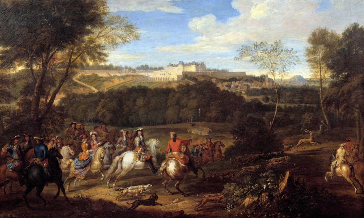 Kuningas Ludvig XIV (1638-1715) ja hovi metsästävät Meudonin linnan näkyvissä Maalaus Adam Frans Van der Meulenin koulusta (1632-1690) 1600-luvun su. 0,77x1,27 tekijältä Adam Frans van der Meulen
