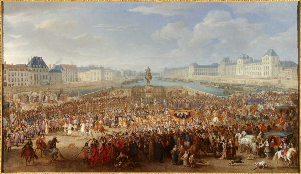 Kuningas Ludvig XIV (1638-1715) ylittää Pont Neufin vaunuissaan Adam Van der Meulenin (1632-1690) maalaus tekijältä Adam Frans van der Meulen