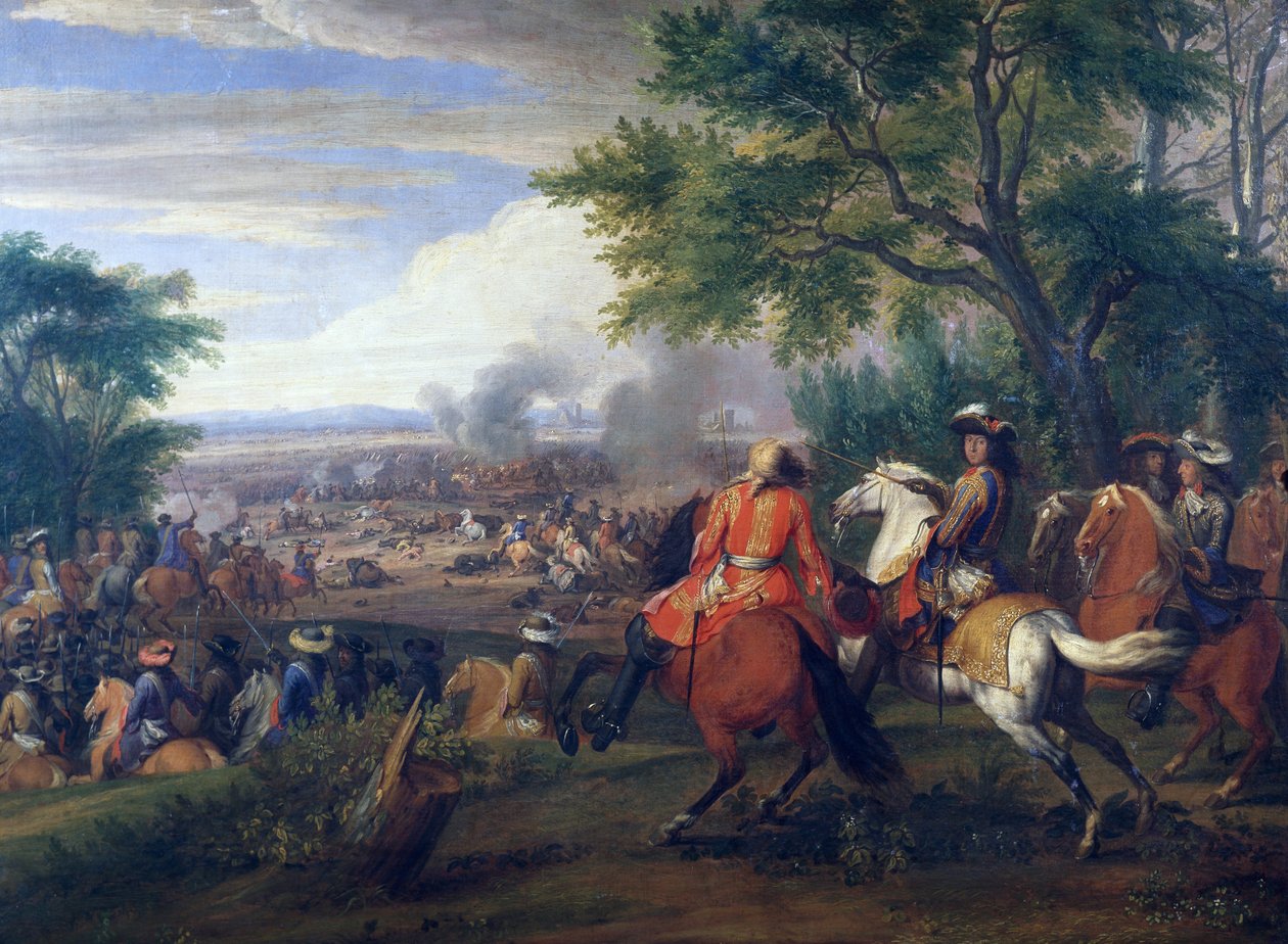Kuningas Ludvig XIV Espanjan armeijan tappiossa Bruggen kanavan lähellä vuonna 1667, maalaus Van der Meulen (1632-1690), Ranska ja Belgia tekijältä Adam Frans van der Meulen