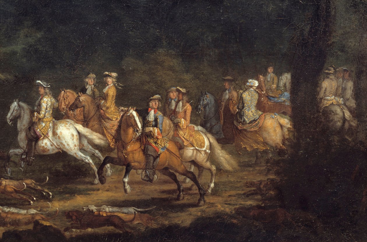 Kuningas Ludvig XIV:llä on yksityiskohtien metsästys. Adam Francois Van Der Meulenin (1632-1690) maalaus tekijältä Adam Frans van der Meulen