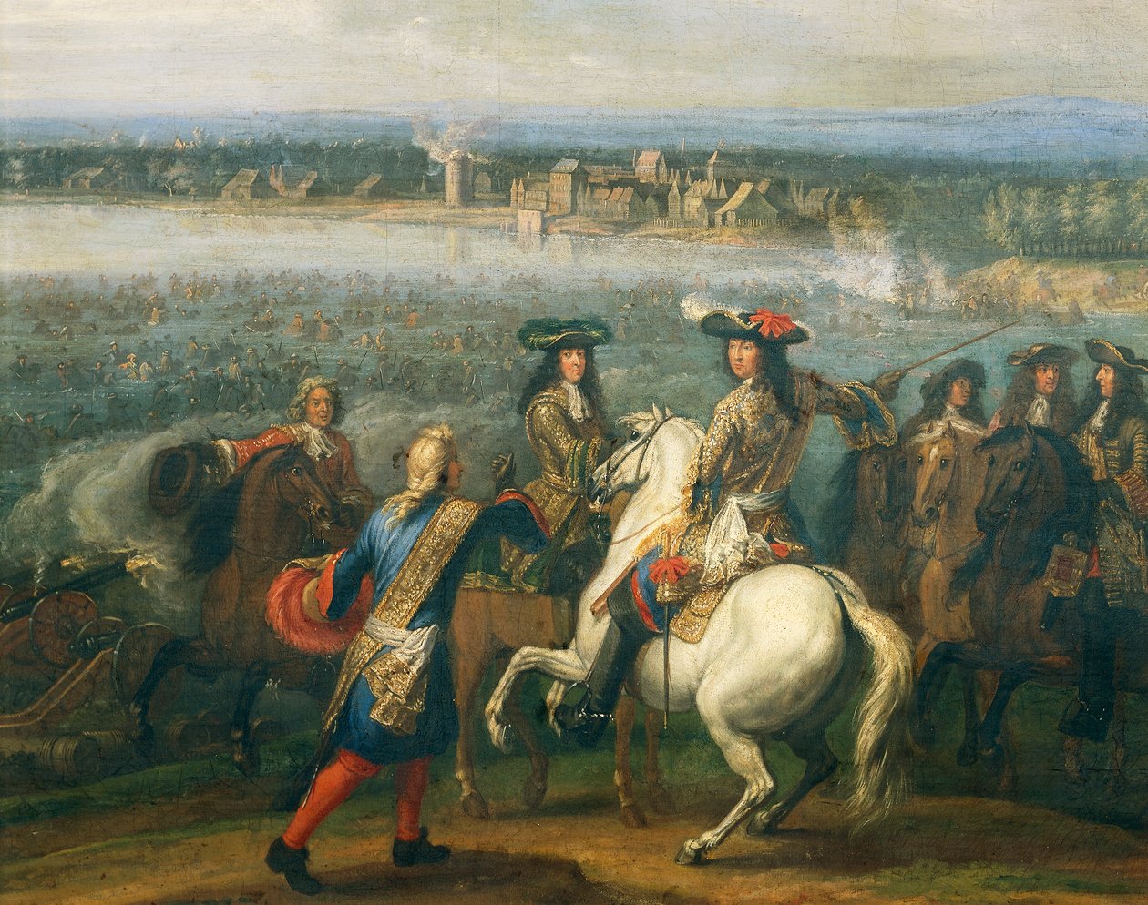 Ludvig XIV hevosen selässä, yksityiskohta Reinin kulusta vuonna 1672, Adam Frans van der Meulen (1632-1690), öljy kankaalle, 77x109 cm, Ranska tekijältä Adam Frans van der Meulen