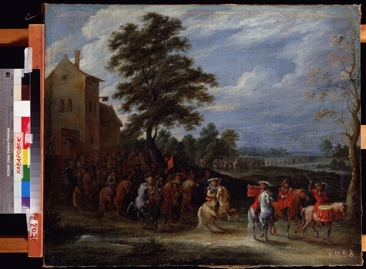 Ratsuväkirykmentti ohittaa alueen (Ratsuväkirykmentti ottaa kentän). Adam Frans van der Meulenin (1632-1690) maalaus. Öljy kankaalle, 65 x 78,5 cm, Flanderin taide, barokkitaide. Kaukoidän museo, Habarovsk. ©FineArtImage/Leemage tekijältä Adam Frans van der Meulen