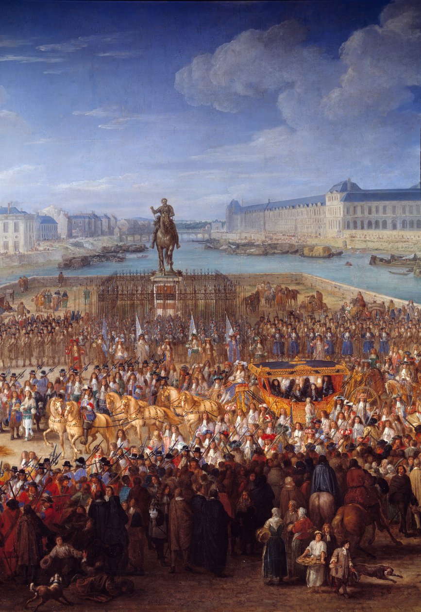 Kuninkaallinen vaunu. Keskeinen yksityiskohta Louis XIV:stä (1638-1715), joka ylitti Pont Neufin vaunuissaan. Adam Francois Van Der Meulenin (1632-1690) maalaus tekijältä Adam Frans van der Meulen