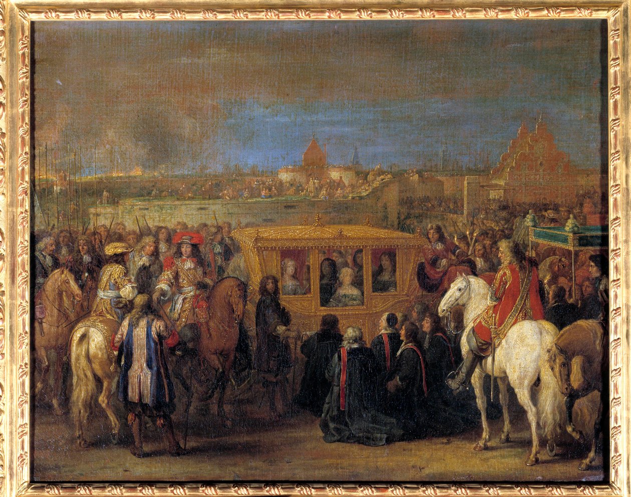 Kuningas Ludvig XIV:n (1638-1715) ja Itävallan kuningatar Marie-Theresen juhlallinen saapuminen Douaihin 23.8.1667 (kuningatar vaunussaan vastaanottaa kaupungin dingiinien kunnianosoituksen heidän suzeraininaan) Adam Frans Vanin maalaus der Meulen (1632-16 tekijältä Adam Frans van der Meulen