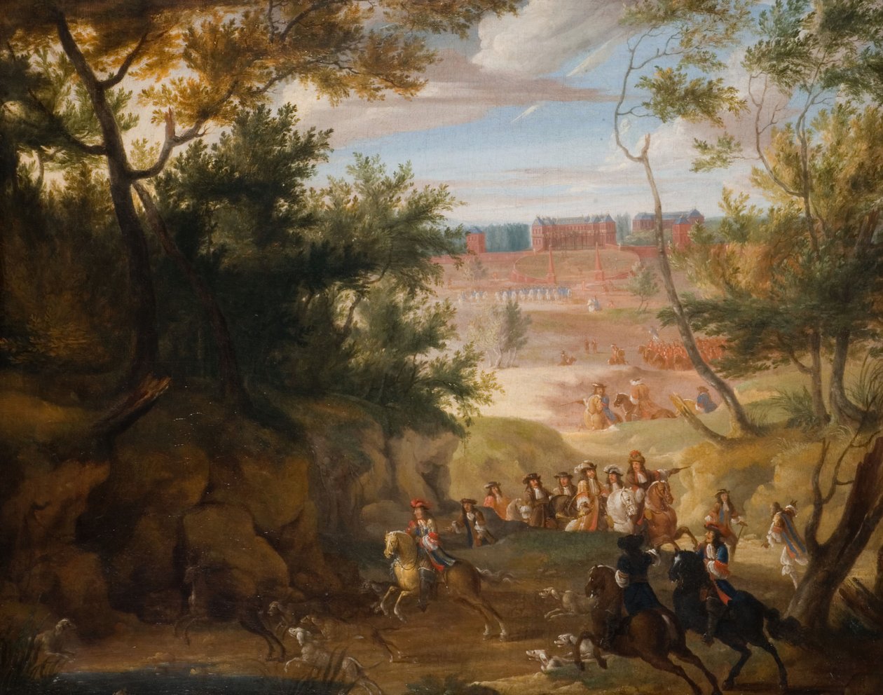 Näkymä Versaillesista Louis XIV:n ja metsästäjien kanssa, 1700. tekijältä Adam Frans van der Meulen