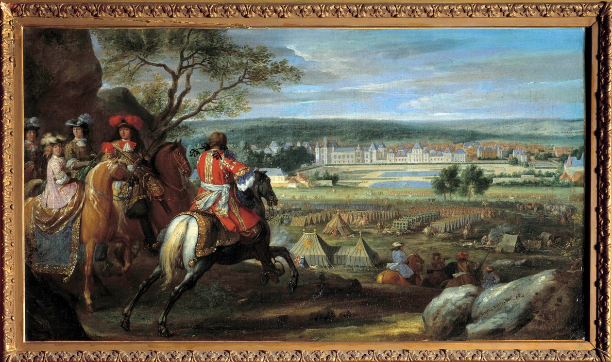 Näkymä Fontainebleaun linnasta 1669, Louis XIV:n (1638-1715) ja Itävallan Marie Theresen (1638-1683) kanssa Adam Frans van der Meulenin (1632-1690) maalaus 1669 Su. 0,53x0,95 m. tekijältä Adam Frans van der Meulen