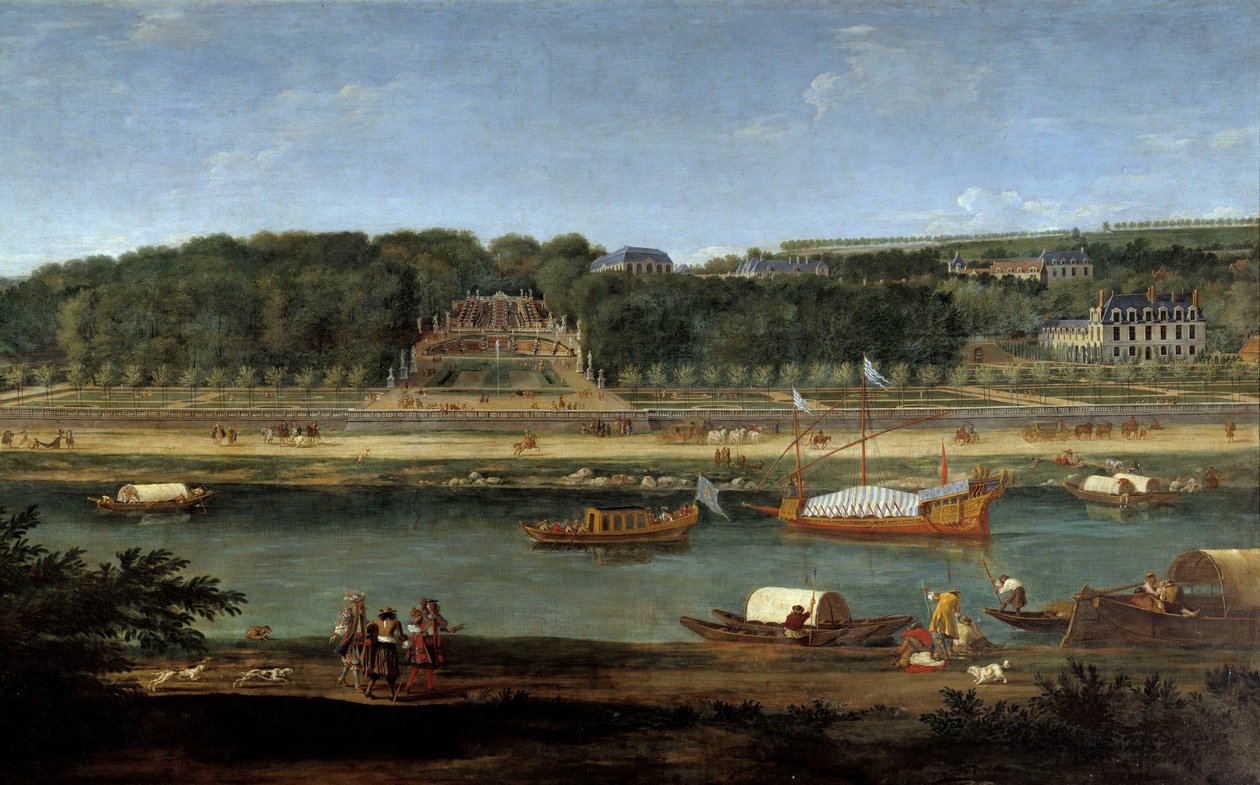 Näkymä Saint Cloudin linnasta ja kuninkaallisesta galleriasta Seinen rannalla Adam Van der Meulenin (1632-1660) maalaus tekijältä Adam Frans van der Meulen