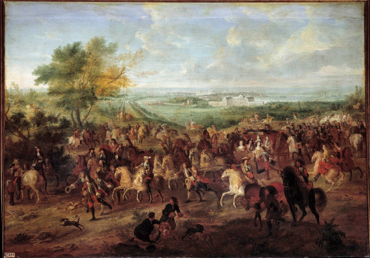 Kävele kuningas Ludvig XIV:n (1638-1715), Itävallan kuningatar Marie Theresen, Dauphin Louisin ja Dauphinen vaunuilla Clagnyn linnan edessä Versaillesissa Adam van der Meulenin (1632-1690) maalaus noin 1680 su. 1,4x1,9 tekijältä Adam Frans van der Meulen