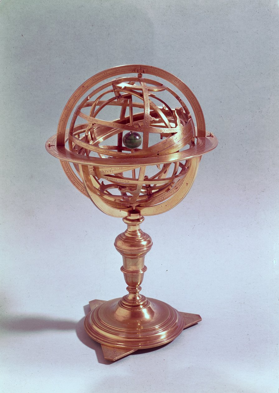 Ptolemaioksen järjestelmässä valmistettu armillaarinen pallo, Rooma, 1648 (messinki) (katso myös 75480) tekijältä Adam Heroldt