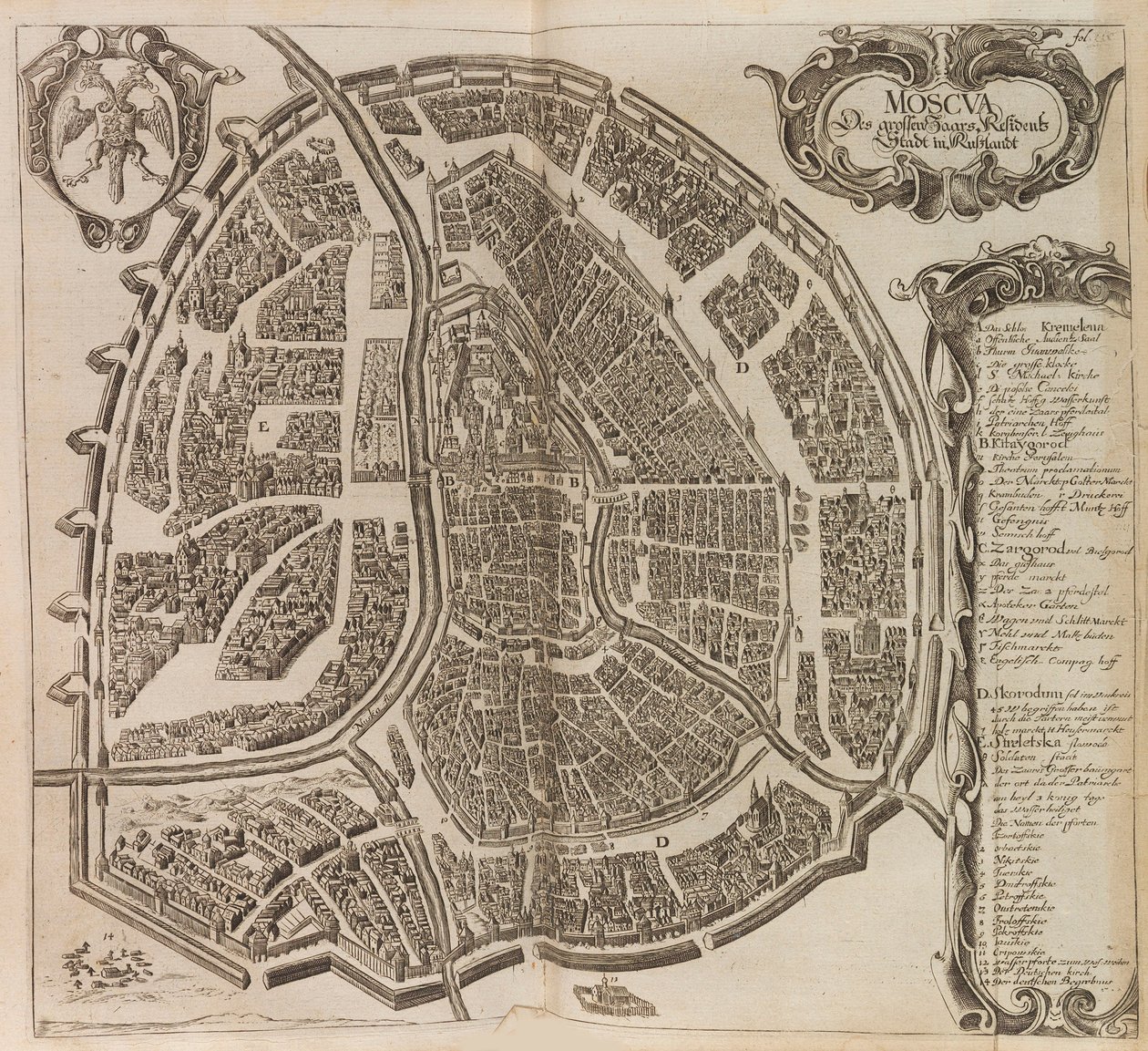 Moskovan kartta. Lähde: Lisätty uusi kuvaus moskovilaisesta..., 1656. tekijältä Adam Olearius