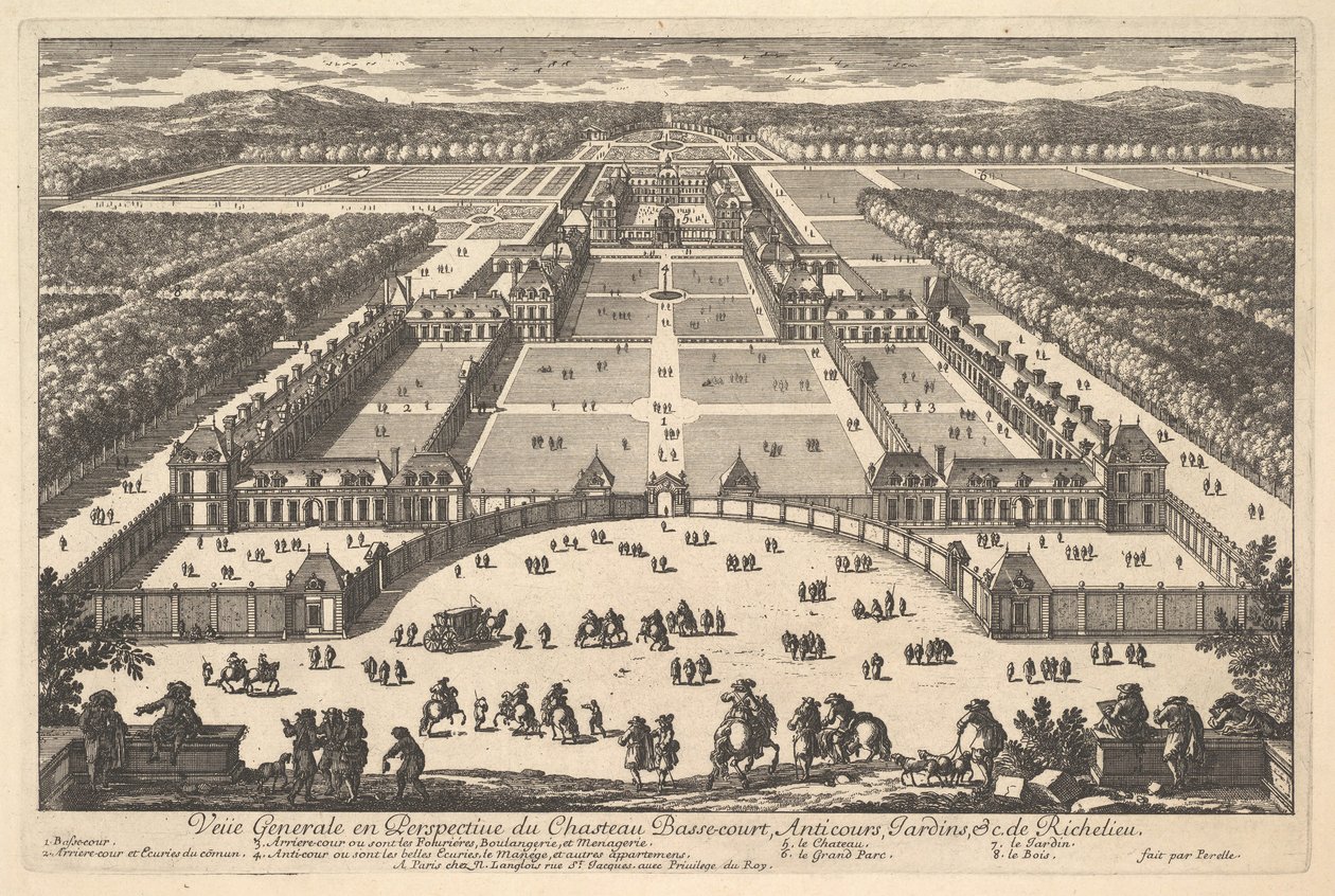 Yleisnäkymä Château Bassecourtiin, Anticoursiin, puutarhoihin jne. Ric..., 1600-luvulta. tekijältä Adam Perelle