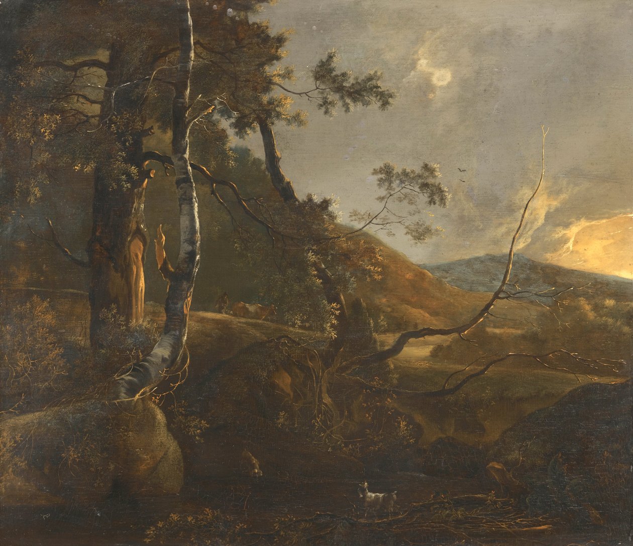 Metsäinen maisema paimenen kanssa polulla ja yksinäinen vuohi tekijältä Adam Pynacker