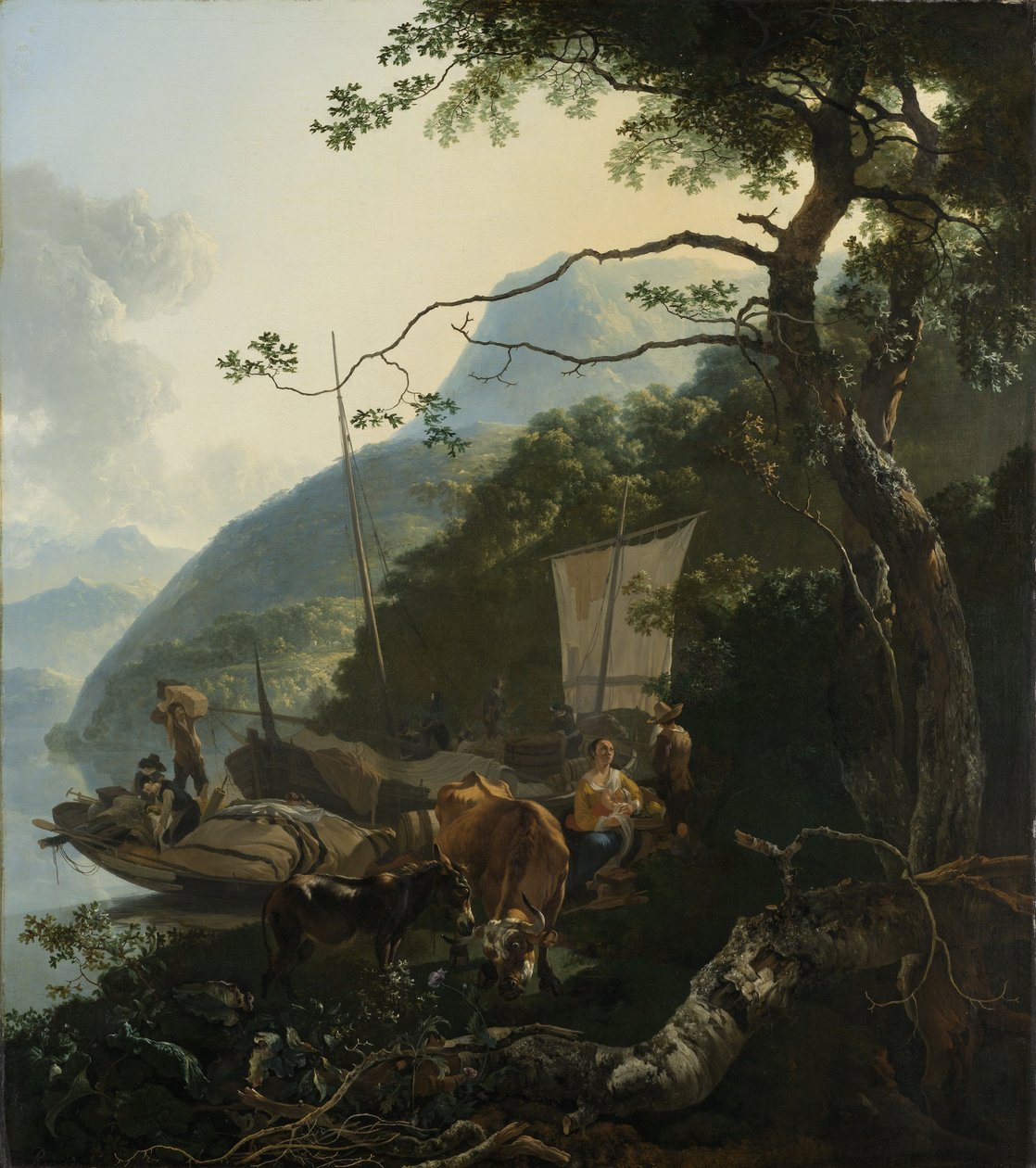 Venemiehiä ankkuroituna italialaisen järven rannalla, 1650-70 tekijältä Adam Pynacker