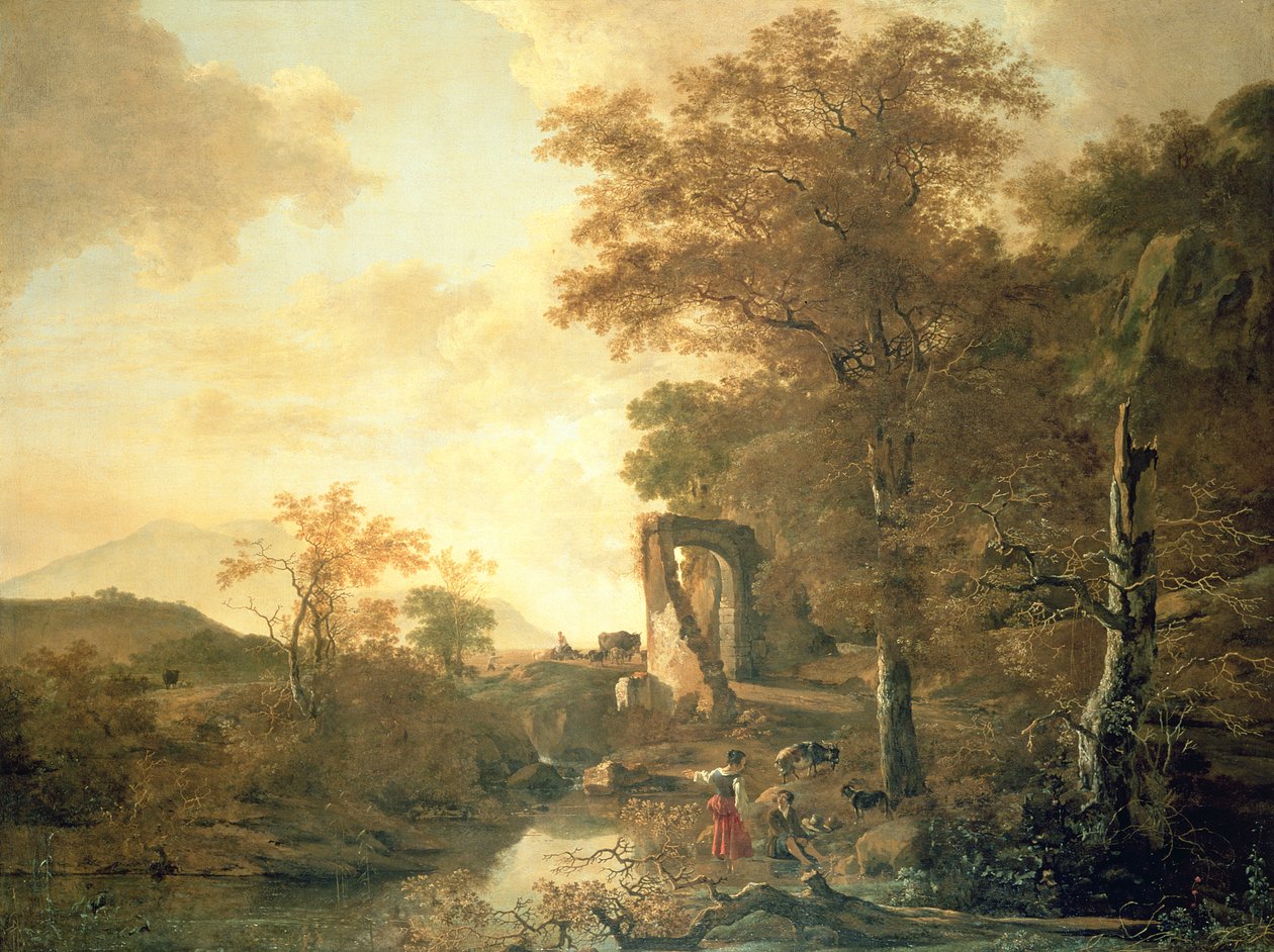 Maisema kaarevalla portilla, noin 1654 (öljy kankaalle). tekijältä Adam Pynacker