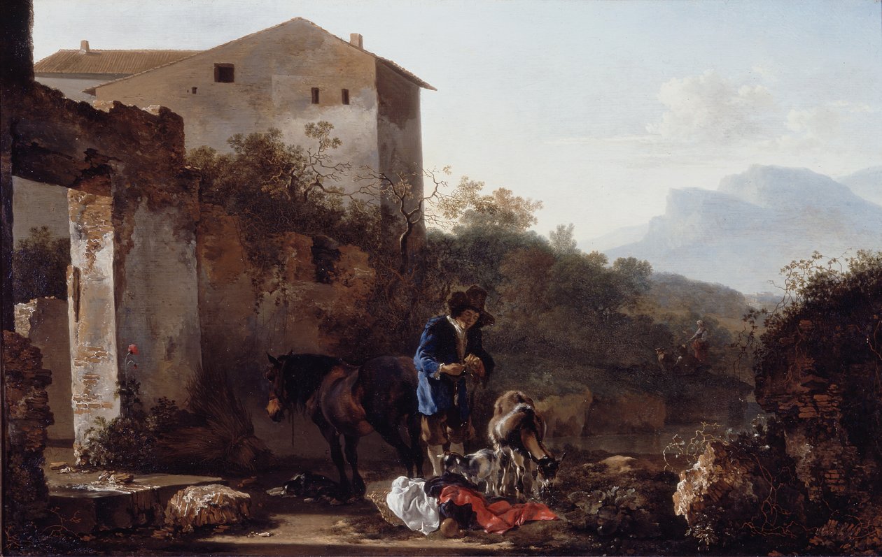 Maisema vuohipaimenen kanssa, noin 1650 (öljy paneelille). tekijältä Adam Pynacker