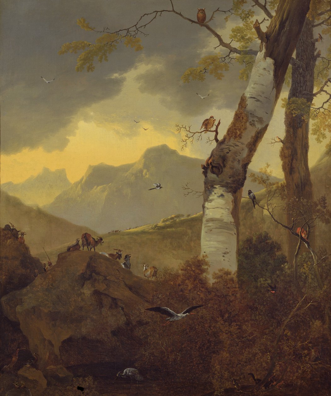 Vuoristoinen maisema vuohien ja lintujen kanssa, n. 1657 tekijältä Adam Pynacker