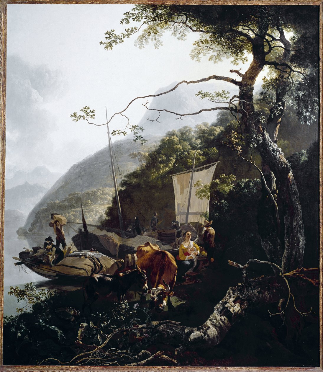 Purjevene kiinnittyy järven rantaan, noin 1660 (öljy kankaalle). tekijältä Adam Pynacker