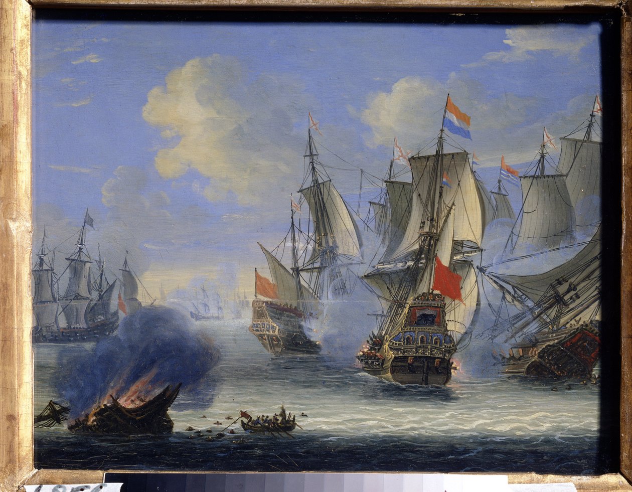 Meritaistelu (meritaistelu). Adam Silon (1674-1757) maalaus. Öljy kankaalle, 25 x 33,5 cm. Hollantilainen taide, barokkitaide. Valtion taidemuseo, Tula (tai Tolan). tekijältä Adam Silo