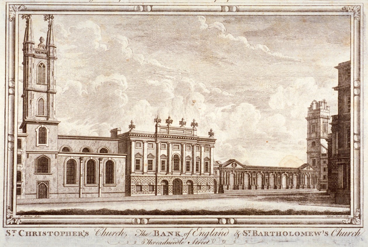 Bank of England, St Christopher-le-Stocks ja St Bartholomew-by-the-Exchange, Lontoo, c1775 tekijältä Adam Smith