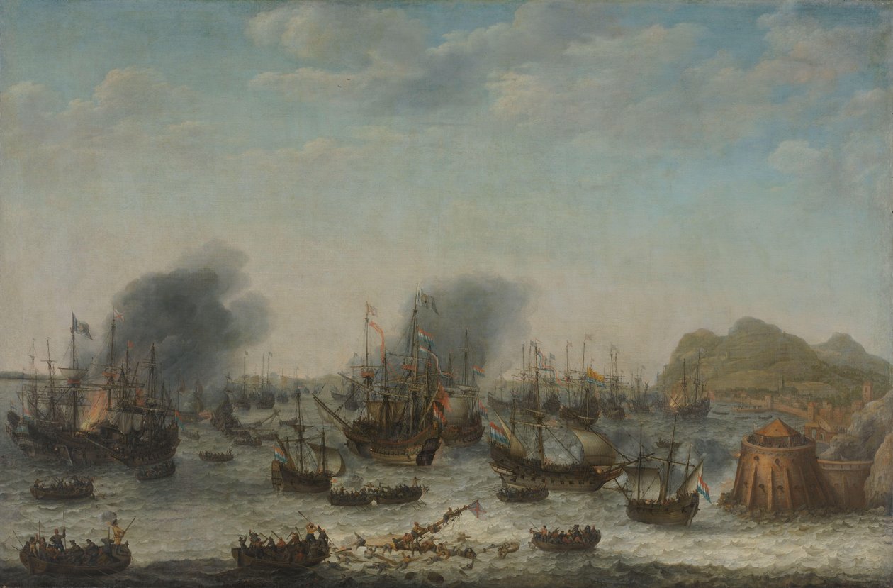 Espanjan tappio Gibraltarilla hollantilaisen laivaston toimesta amiraali Jacob van Heemskerckin komennossa, 25. huhtikuuta 1607 tekijältä Adam Willaerts (signed by artist)
