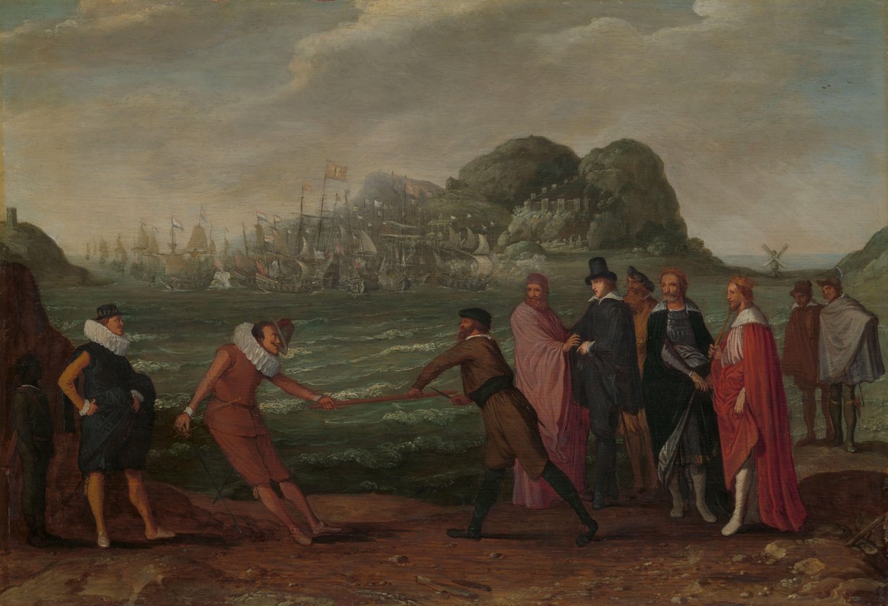 Taistelu kultasauvasta (maailman hallinta) Allegoria hollantilaisten voitosta Espanjan laivastosta Gibraltarilla, 25. huhtikuuta 1607 tekijältä Adam Willaerts