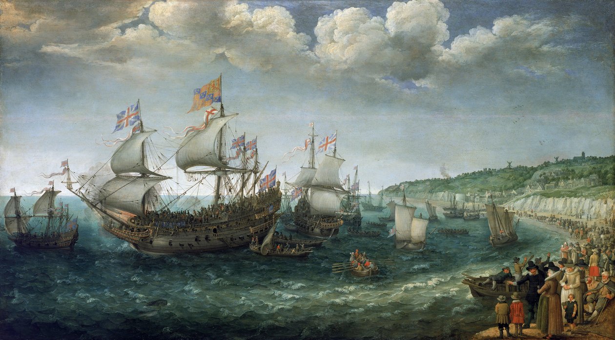 Wittelsbachin Fredrik I:n (1596-1632), Pfalzin vaaliruhtinaan (josta tulisi Böömin kuningas), nousu Prince Royal -alukseen Doverissa (Englanti) 25. huhtikuuta. tekijältä Adam Willaerts