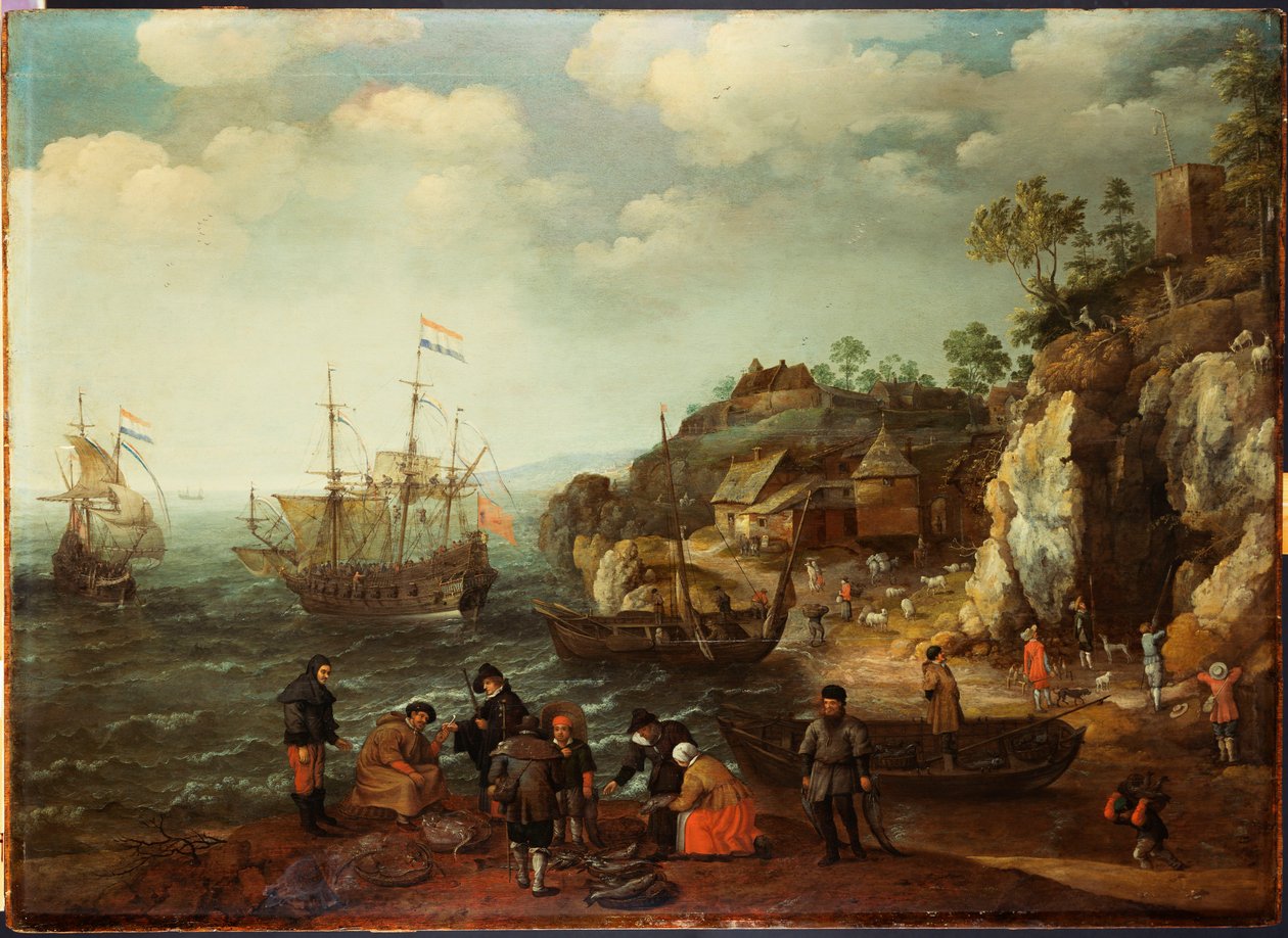 Rannikkomaisema, jossa kalastajia ja metsästäjiä rannalla, 1626 tekijältä Adam Willaerts