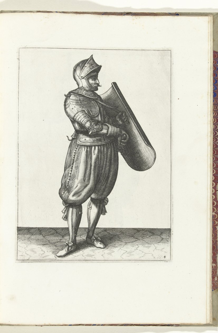 De exercitie met de targe en rapier: de soldaat houdt de targe iets naar voren om de rapier te kunnen trekken (nr. 4), 1618 De Nassausche Wapen-Handelinge, van Schilt, Spies, Rappier ende Targe : beyde figuerlick afgebeelt, ende gestelt na de nieu ordenin tekijältä Adam van Breen
