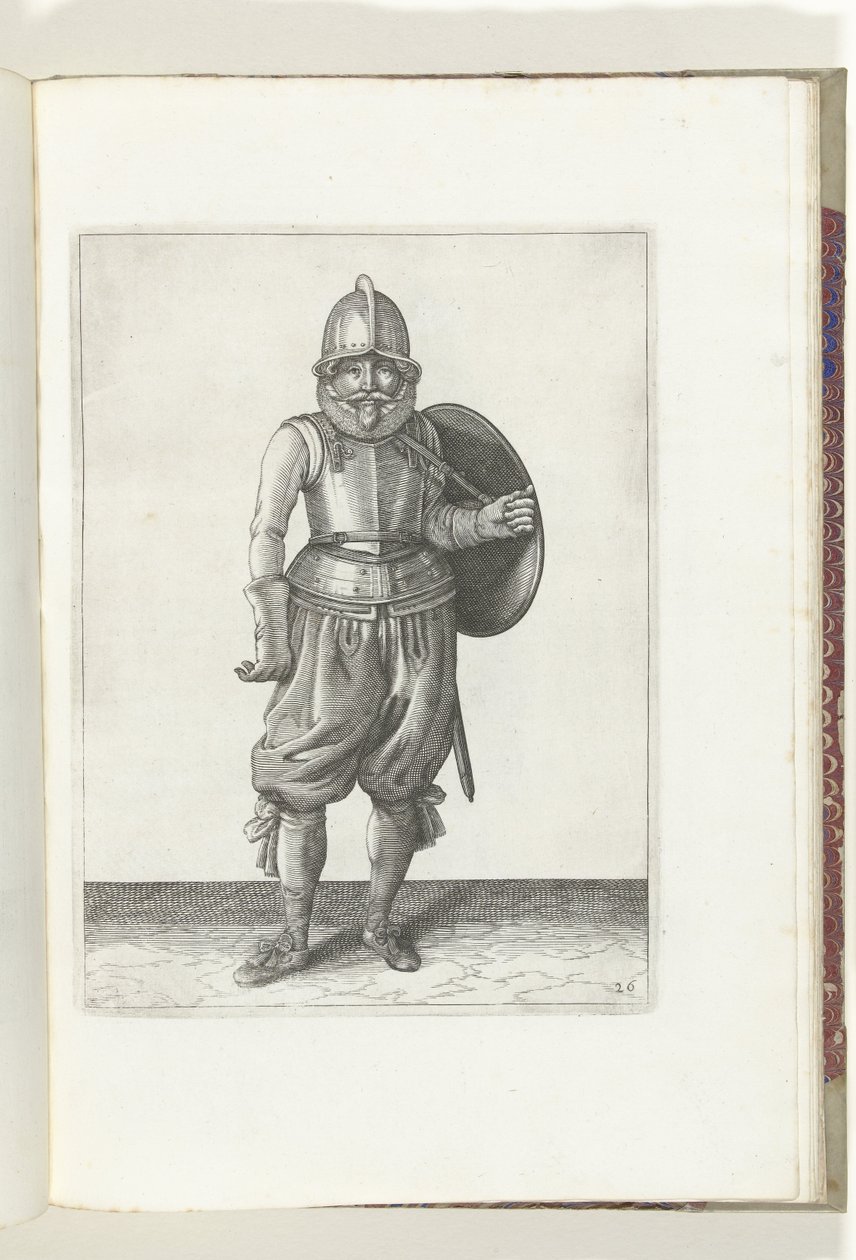 Kilpi ja piikki -harjoitus: Sotilas palauttaa kilven selkään vasemmalla kädellään (nro 26), 1618 De Nassausche Wapen-Handelinge, van Schilt, Spies, Rappier ende Kohde : Beyde figuerlick kuvattu, ende kehystetty uuden järjestyksen mukaan (.. tekijältä Adam van Breen