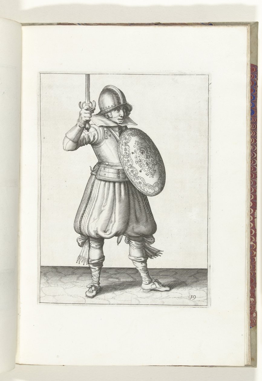 Kilpi- ja piikkiharjoitus: Sotilas esittelee tarttujansa käsin korkeimmalle kuin kasvonsa (nro 19), 1618 Nassausche Wapen-Handelinge, van Schilt, Vakoilijat, Rappier ja Targe: Beyde Figuerlick kuvattuna ja kehystetty uuden järjestyksen mukaan tekijältä Adam van Breen