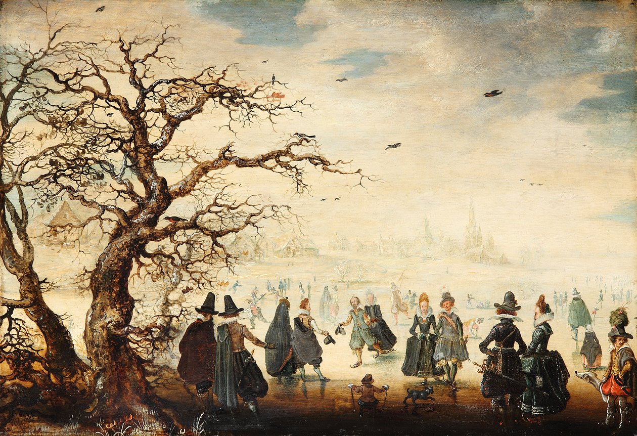 Saksa: Wintervergnügen Talvimaisema, jossa on tyylikkäitä hahmoja luistelemassa tekijältä Adam van Breen