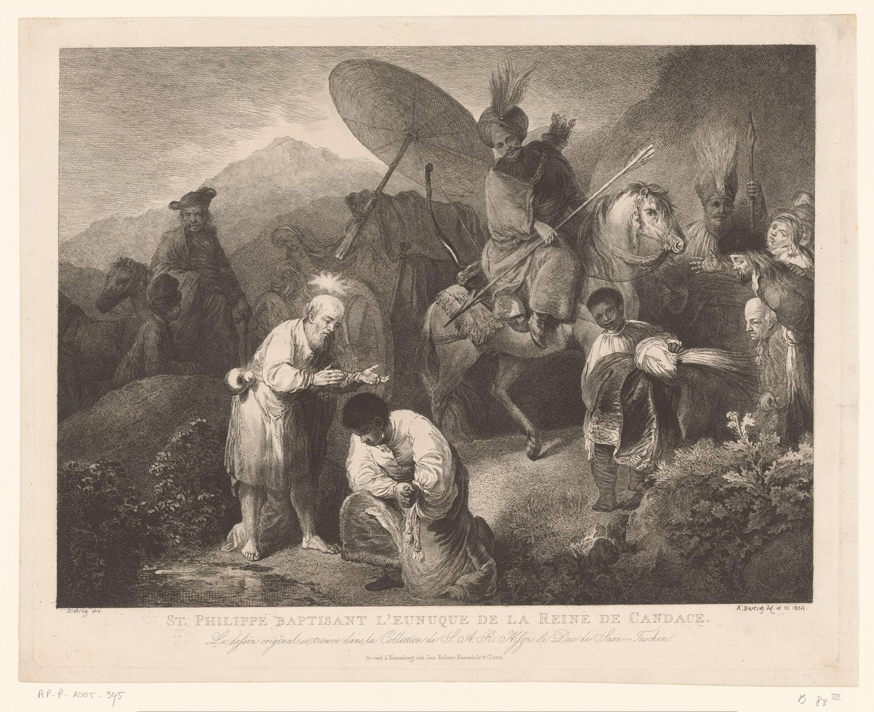 Doop van de kamerling door Philippus Pyhä Filippus kastamassa Candacen kuningattaren eunukkia (otsikko esineessä) tekijältä Adam von Bartsch