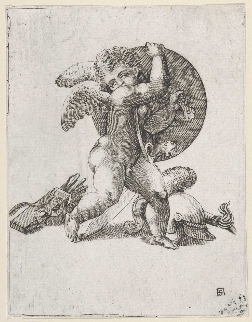 Cupid with Weapons of Mars, c1547-62. tekijältä Adamo Scultori