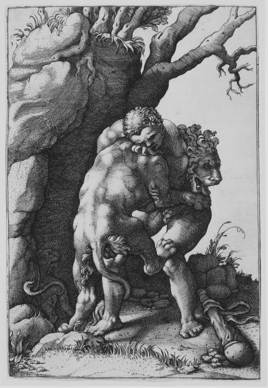 Hercules ja Nemean-leijona. tekijältä Adamo Scultori