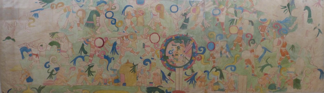 Osa Chichen Itzan Jaguaaritemppelin lounaispuolella olevasta seinämaalauksesta. Adela Bretonin Chichén Itzassa noin vuonna 1907 maalaamasta akvarellista, joka on Bristolin museon ja taidegallerian kokoelmassa. tekijältä Adela Breton