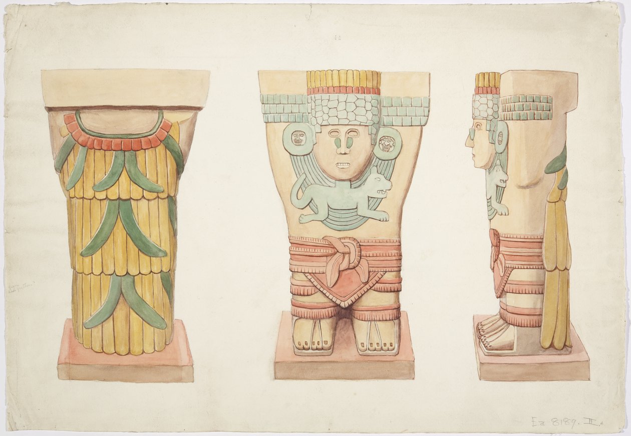 Caryatid II, ulkokammio, Jaguaarien ylempi temppeli (temppeli A), Chichen Itza, Meksiko (akvarelli) tekijältä Adela Breton